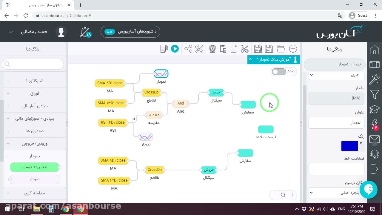 انتخاب محل نمایش ابزار (پنجره پایین نمودار)