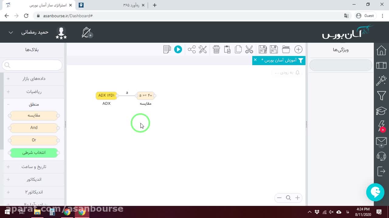 تنظیمات بلاک ADX در آسان بورس شامل تایم‌فریم و پریود