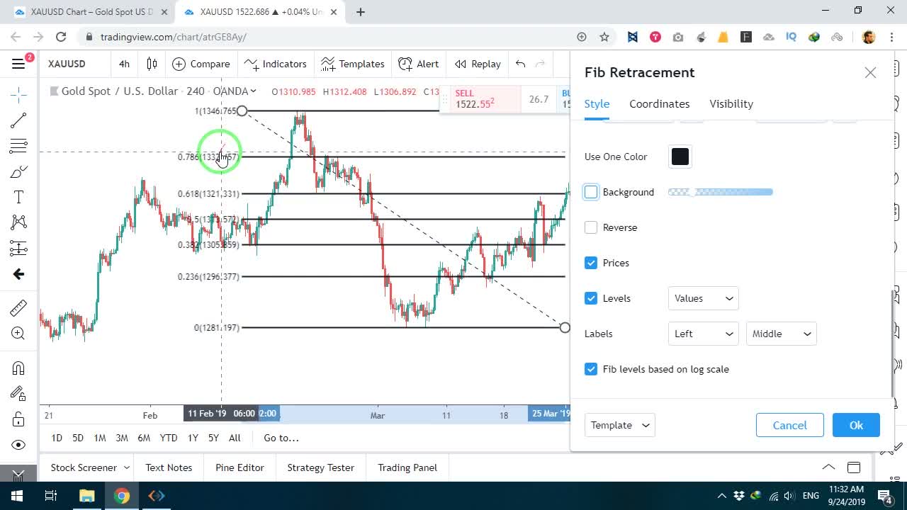 دسترسی به دسته ابزارهای گن و فیبوناچی در تریدینگ ویو