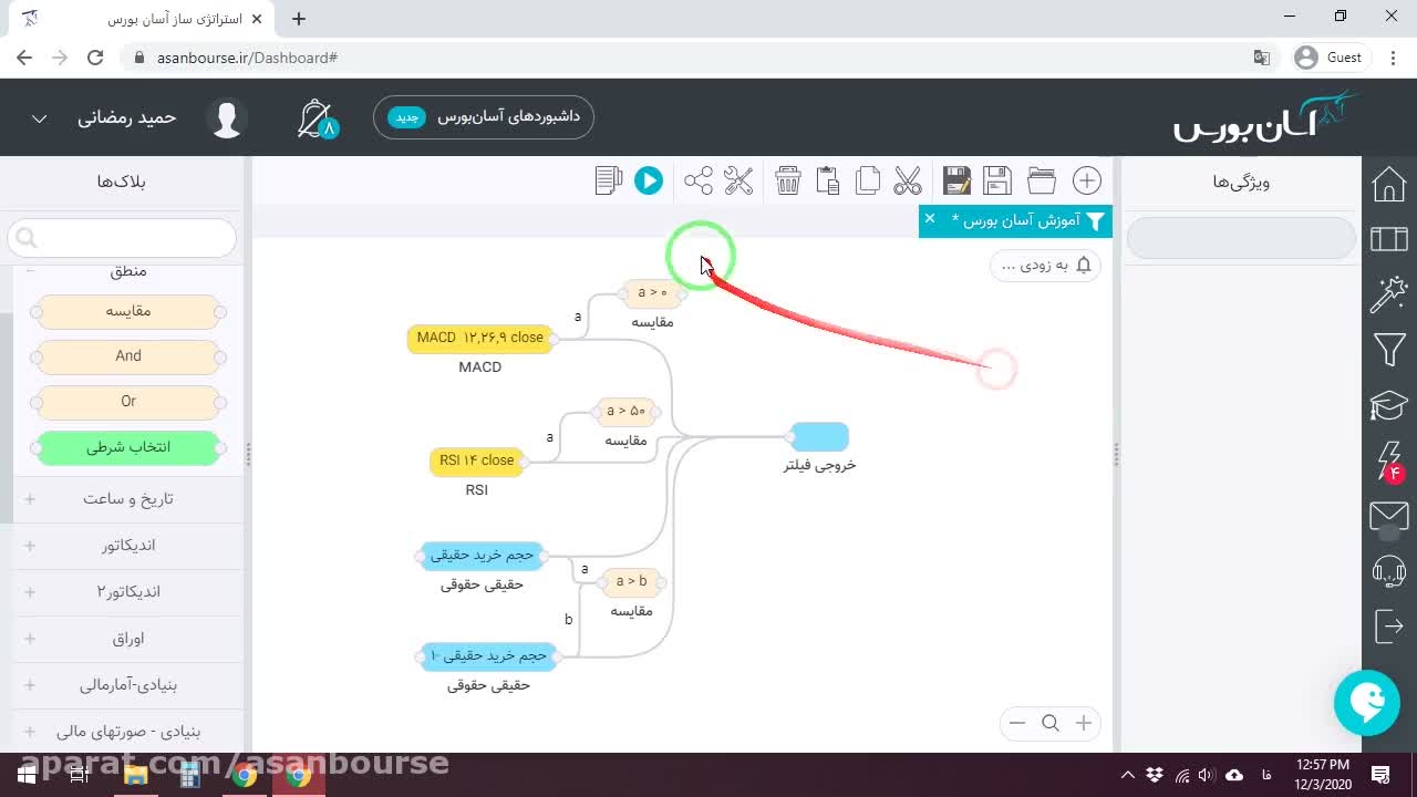 اتصال اندیکاتور مکدی به ستون اول خروجی فیلتر