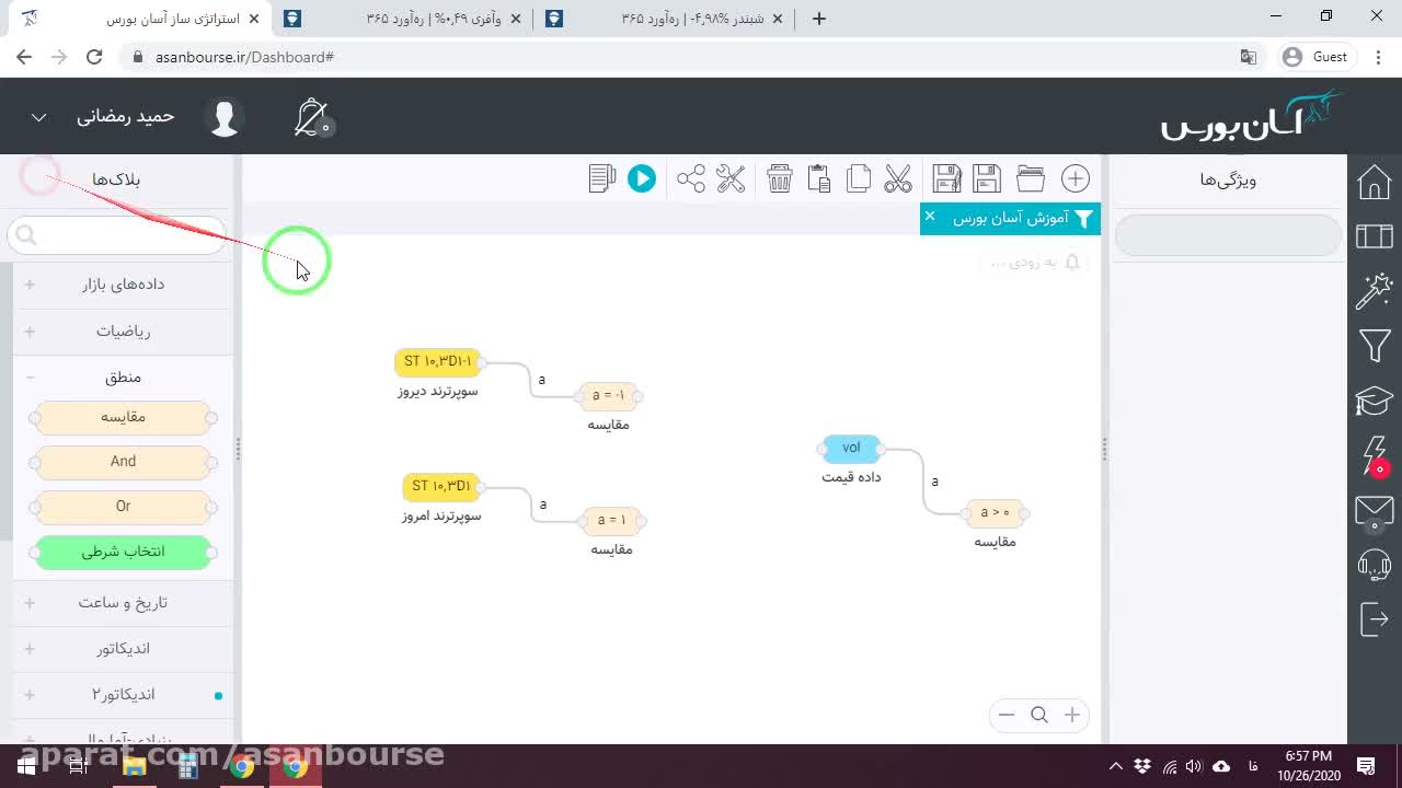 نحوه نوشتن شرط تقاطع قیمت با خط سوپرترند در فیلتر